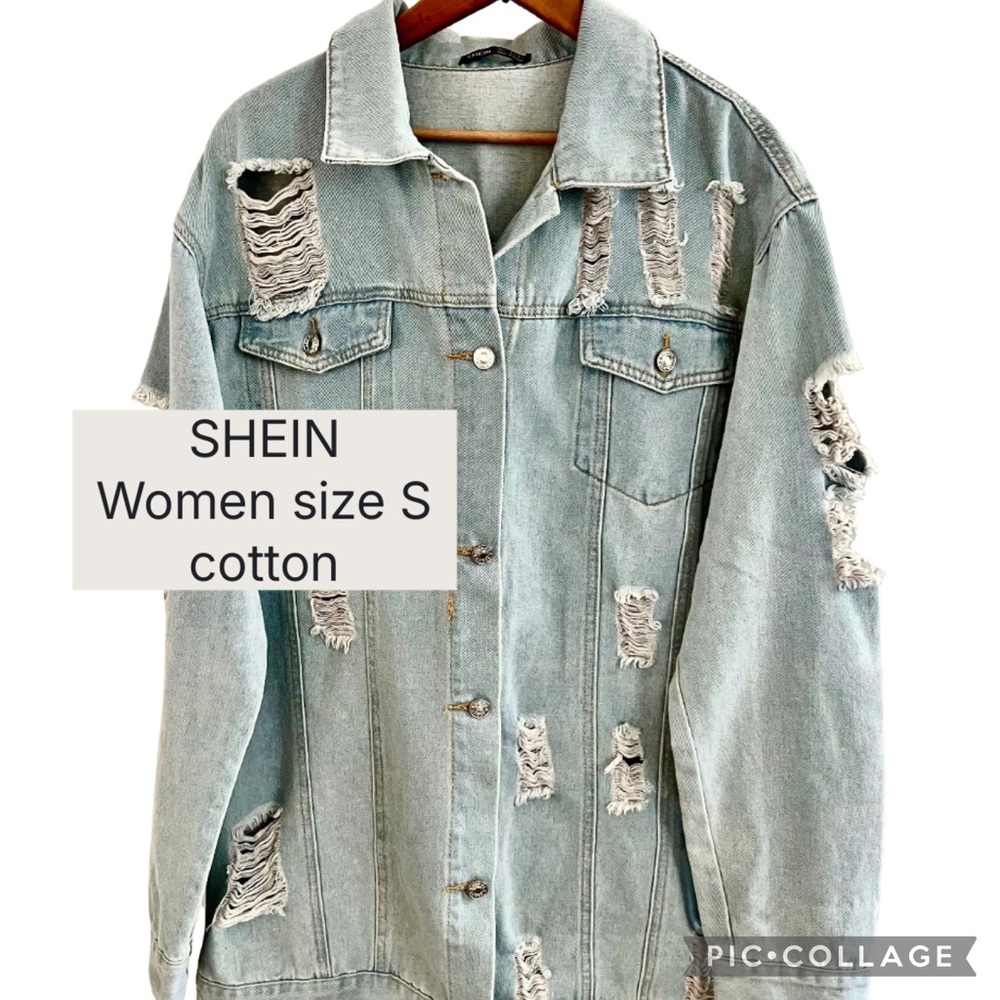 Oversized Jean's Jacket Shein Cotton Size S Long Sleeves Light Blue Pockets